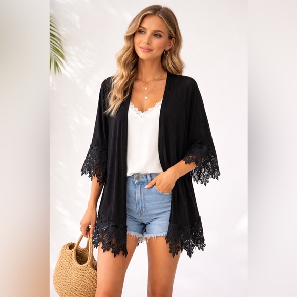 Kismet Sweaters - KISMET | Black open cardigan with lace detail